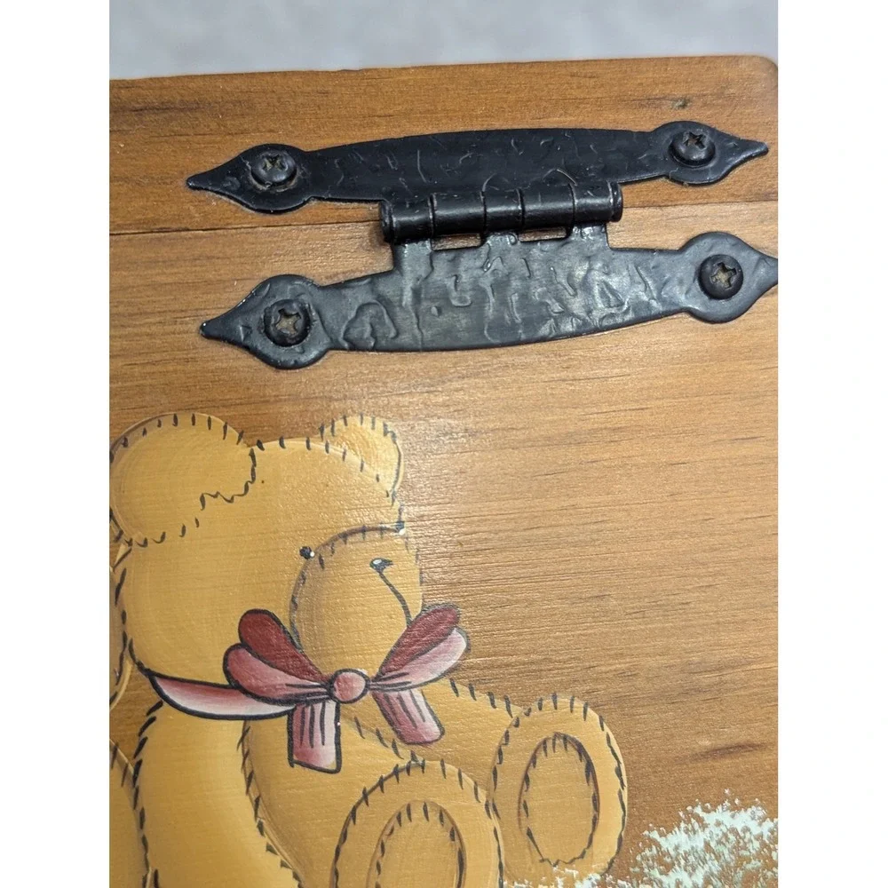 Vintage Recipe Box Brown Hand Painted Teddy Bear Wood Folk Art